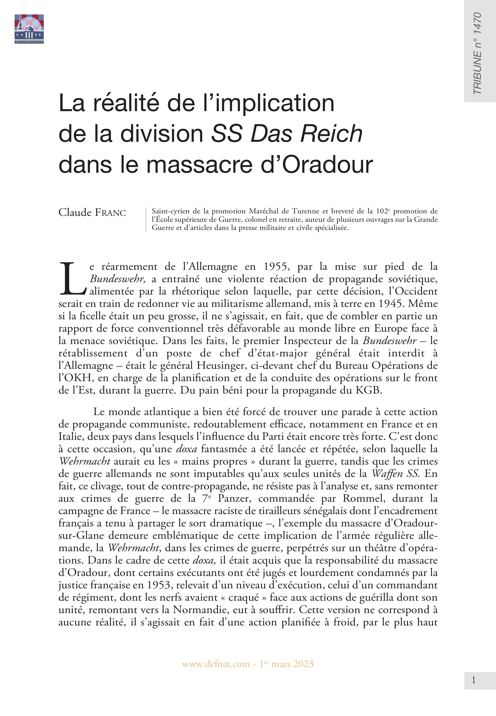 La réalité de l’implication de la division SS Das Reich dans le massacre d’Oradour (T 1470)
